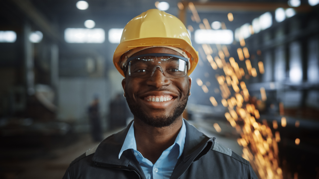 man in a factory with a hard hat